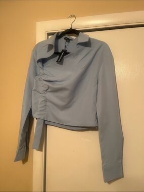 PrettyLittleThing Light Blue Ruched Wrap Crop Shirt